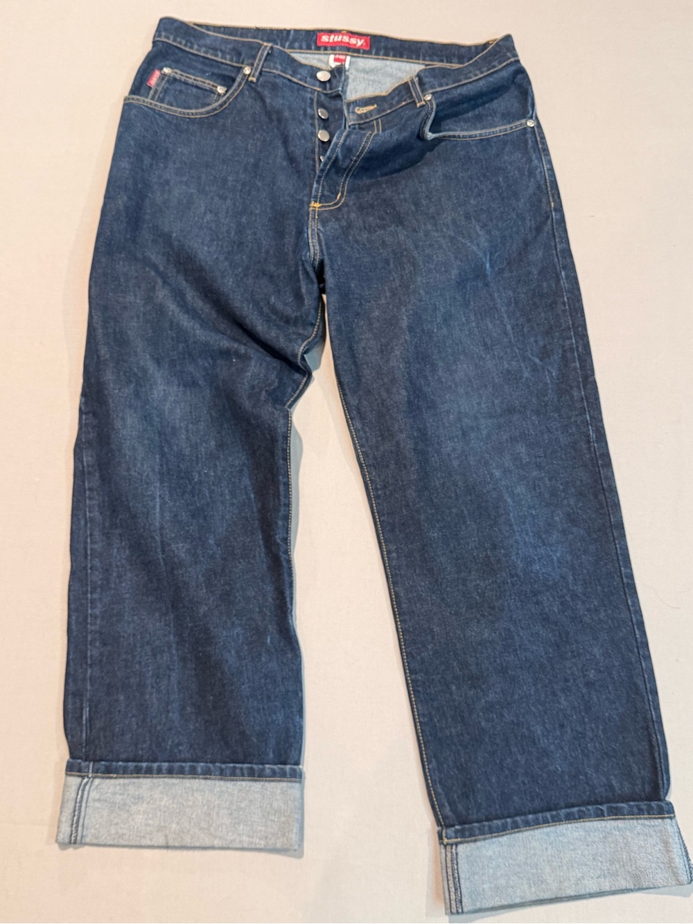 Vintage authentic STUSSY Men’s Baggy Dark Blue Denim Jeans cuffed button fly 90’